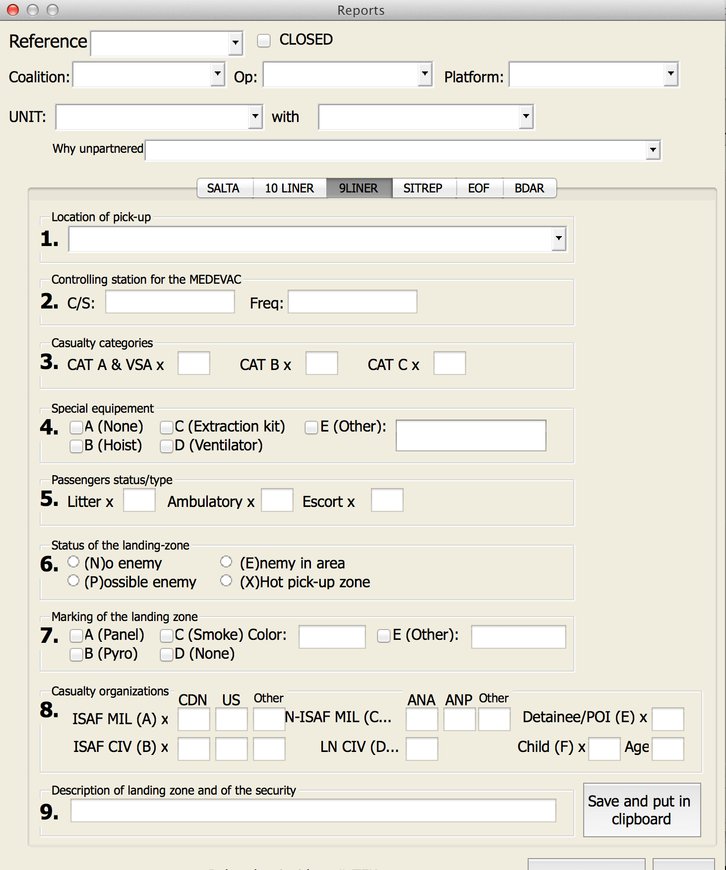 Screenshot of the 9-liner entry form