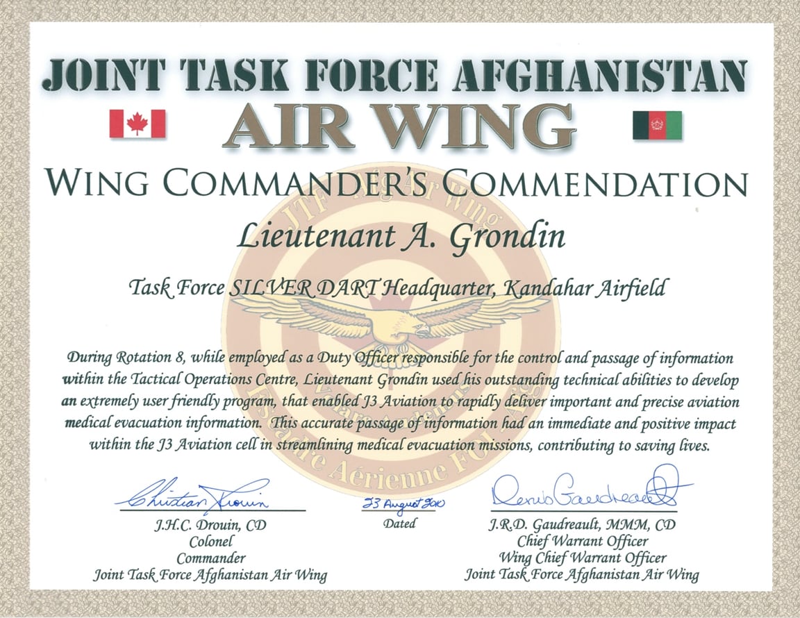 Air Wing Commander's commendation, August 2010