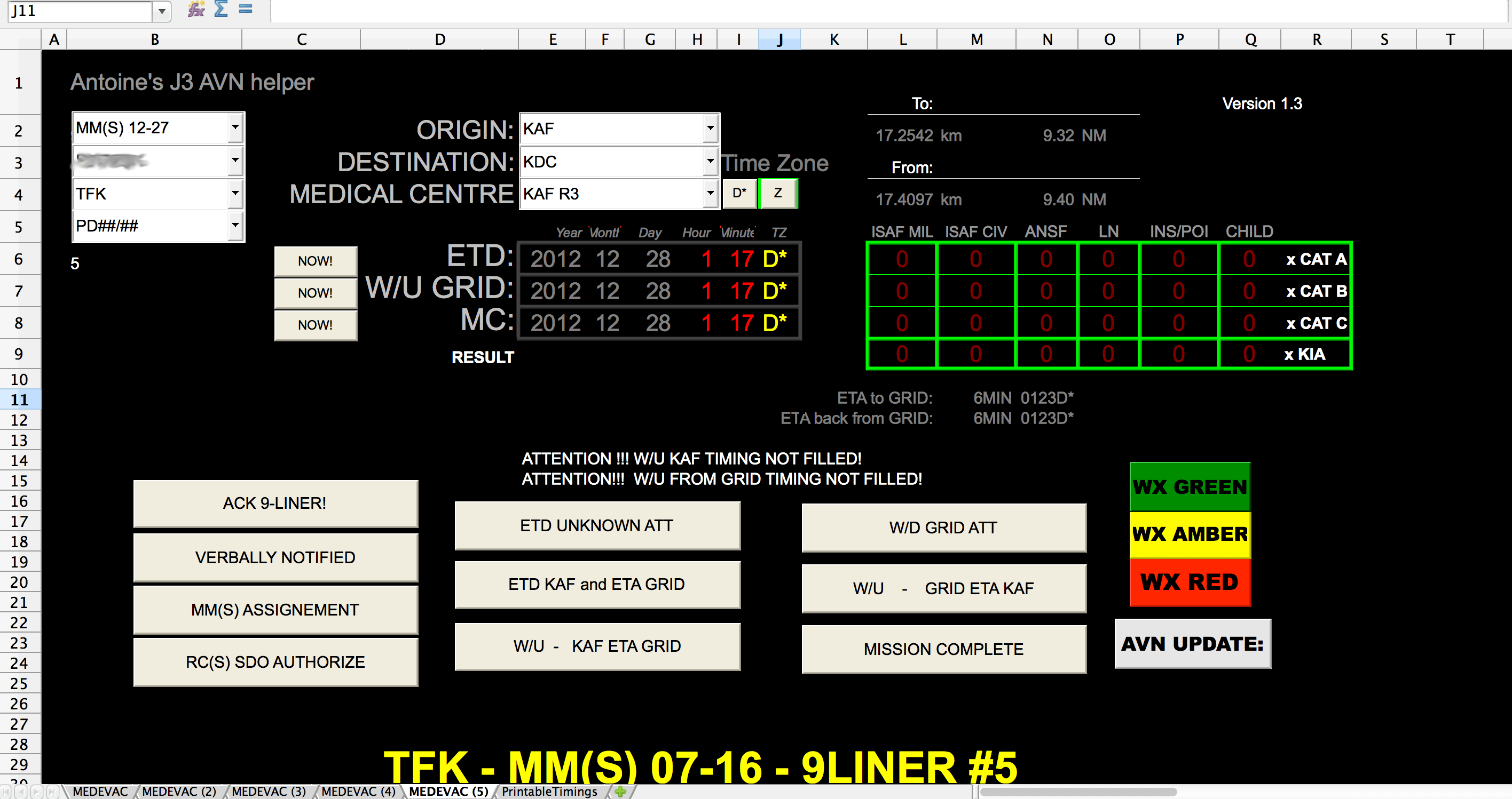 Screenshot of the MEDEVAC dispatch spreadsheet